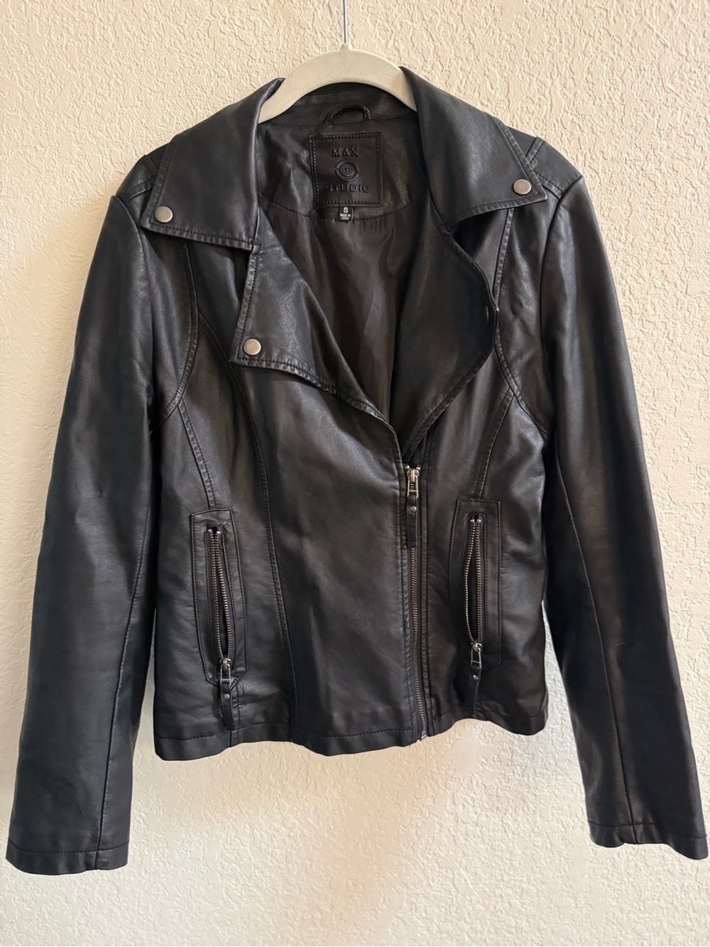 Max Studio Black Leather Asymmetrical Zip Jacket